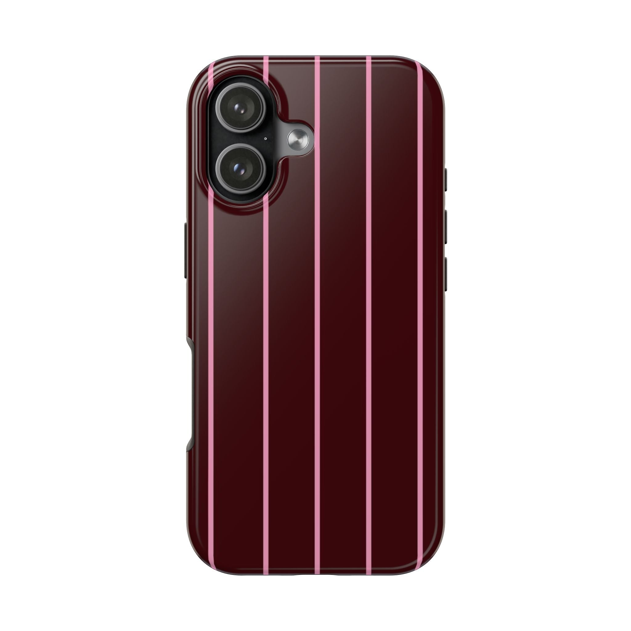 Burgundy phone case featuring vertical pink stripes and camera bump cutout