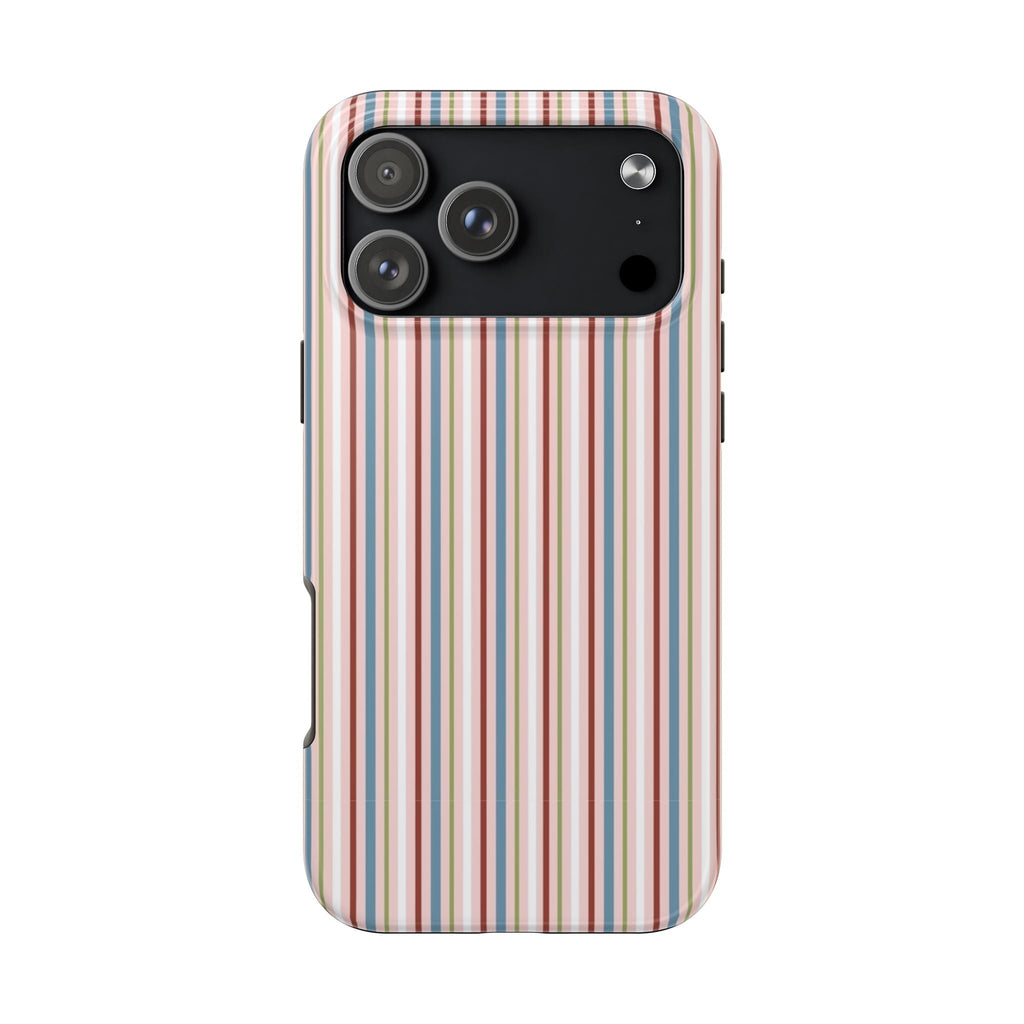Phone case: cranberry cream blue green vertical stripes with camera cutout