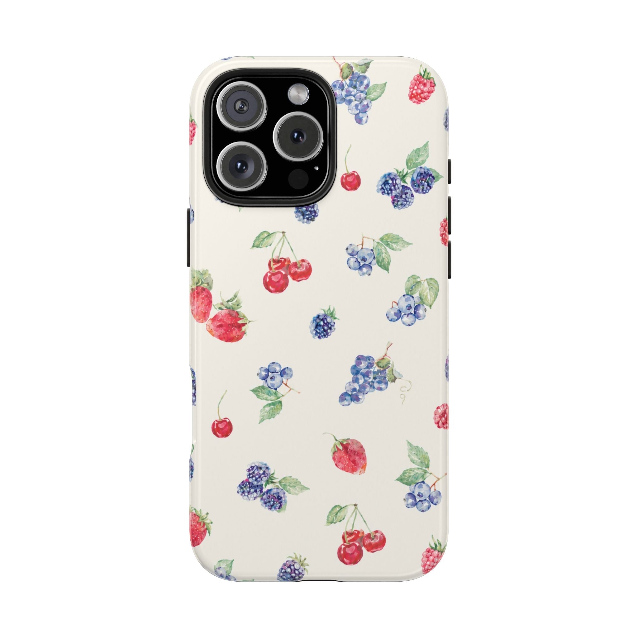 Cream berry-pattern phone case with raised camera cutouts