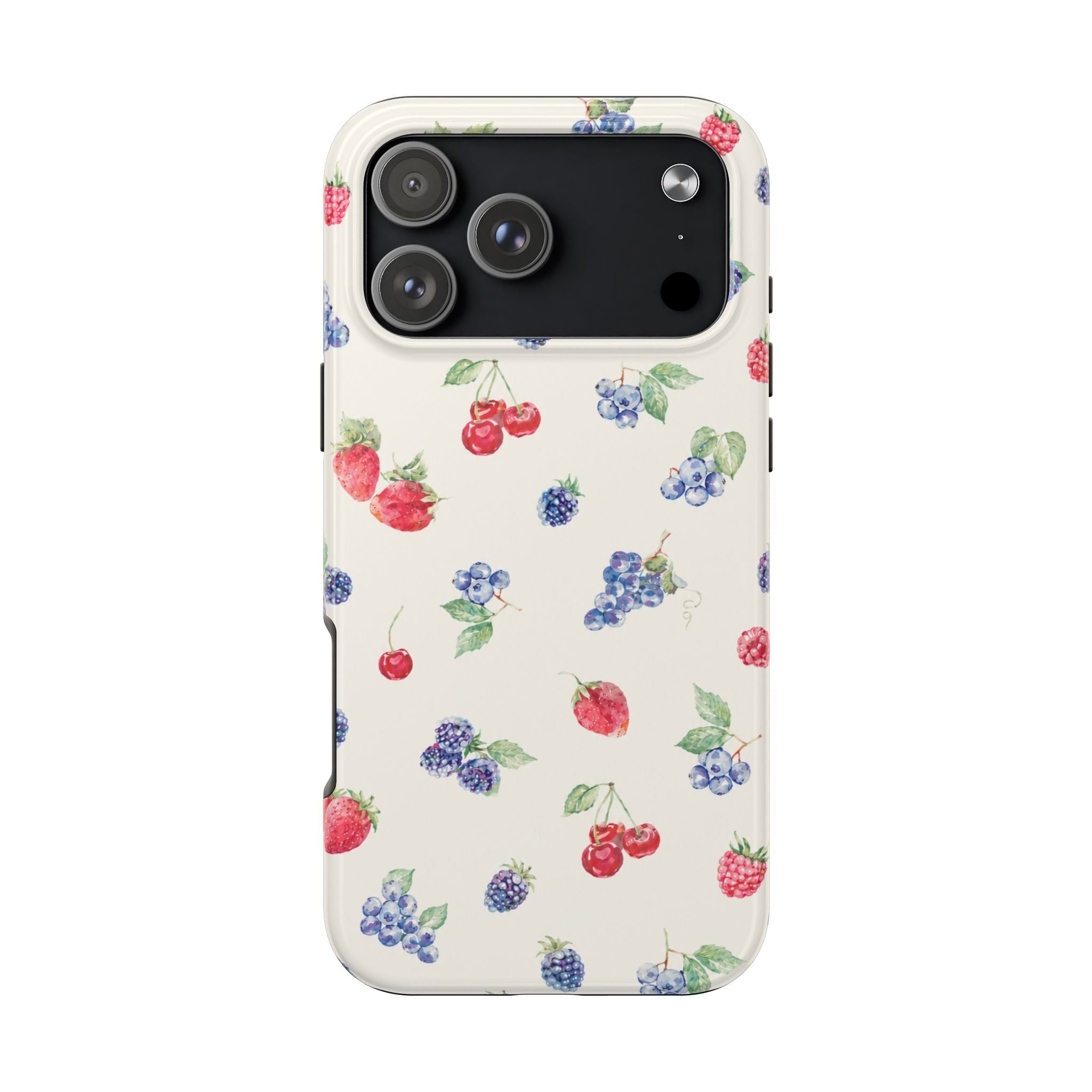 Cream phone case with blue and red berries and leaves pattern