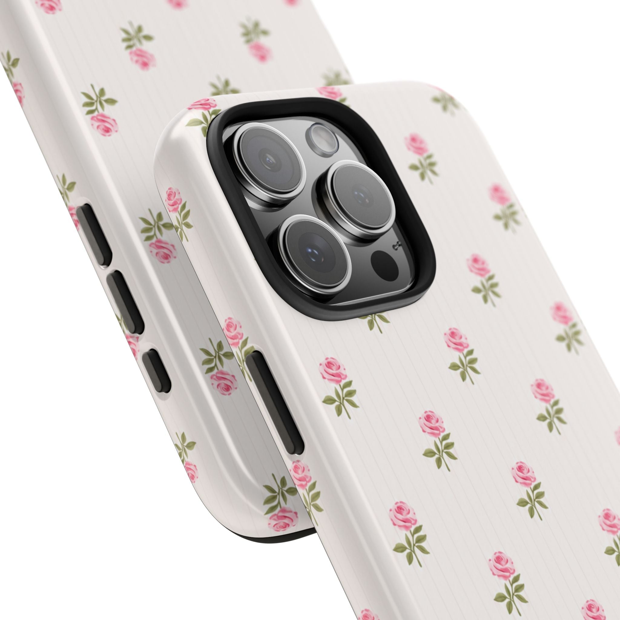 Close-up of cream rosebud floral phone case with pink flowers over the camera module