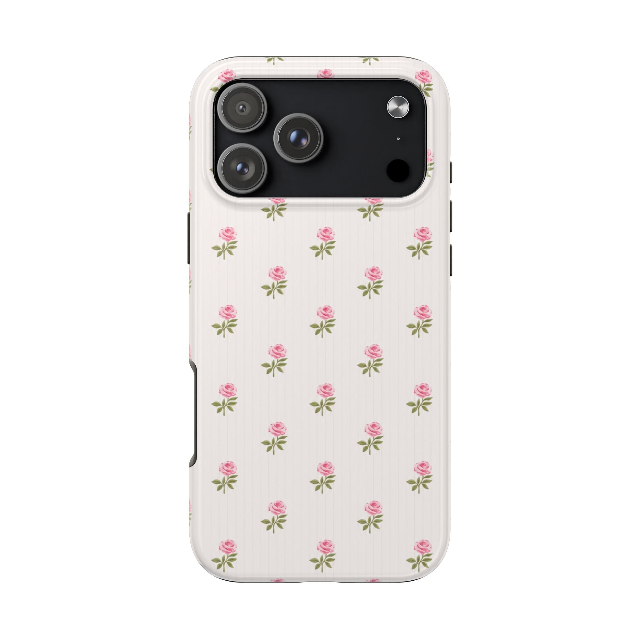 Cream phone case with pink rosebuds and green sprig pattern, camera cutout openings