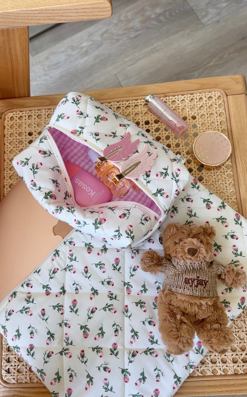 Cream long-sleeve baby dress with pink floral and bird print, full skirt