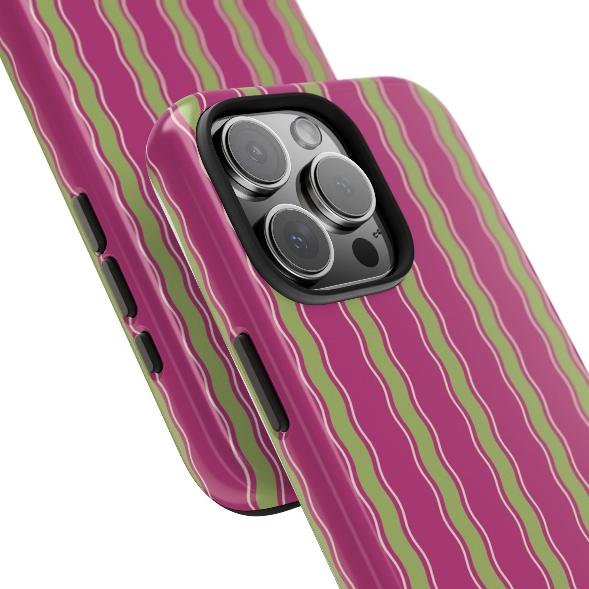 Crinkle stripe phone case in purple with wavy green-and-white stripes, side and camera detail
