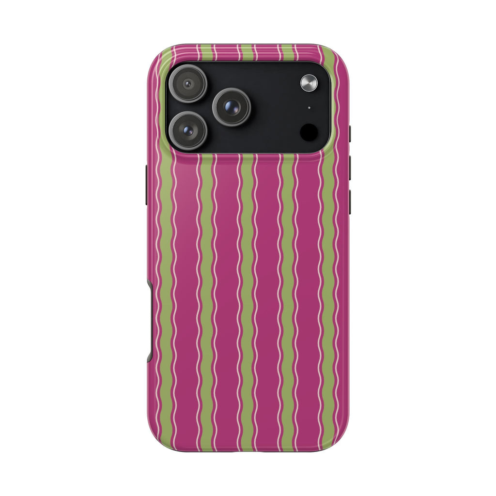 Crinkle stripe phone case with purple wavy lines and light green accents, rear view