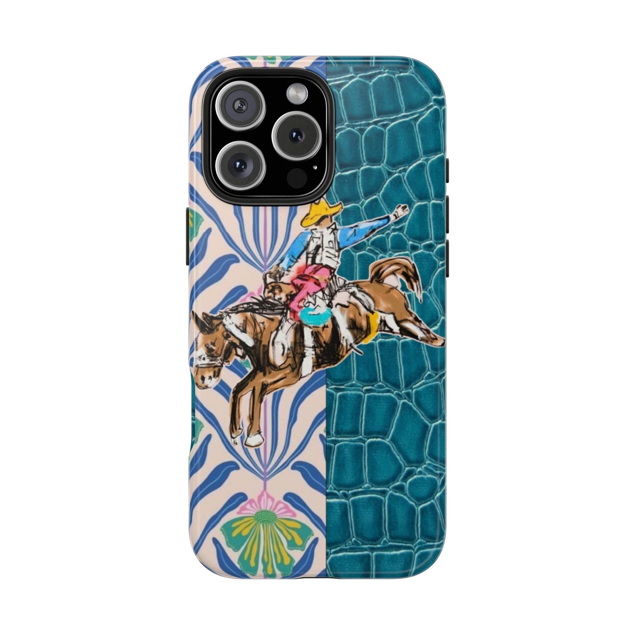 Cowboy and floral phone case design with teal croc pattern and navy-toned phone camera cutouts