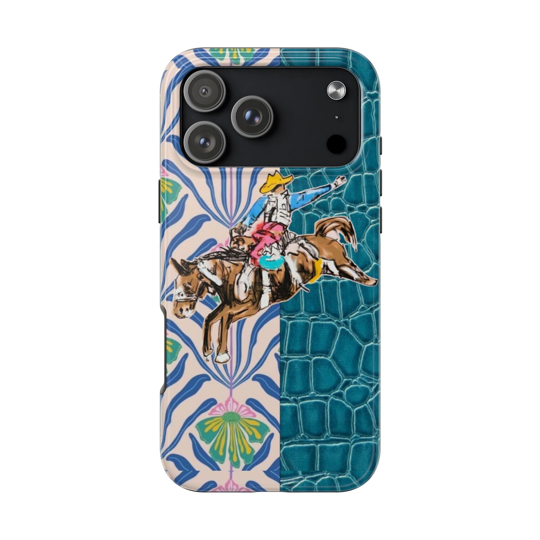 Croc-embossed phone case with blue cowboy-western rider graphic and colorful floral accents