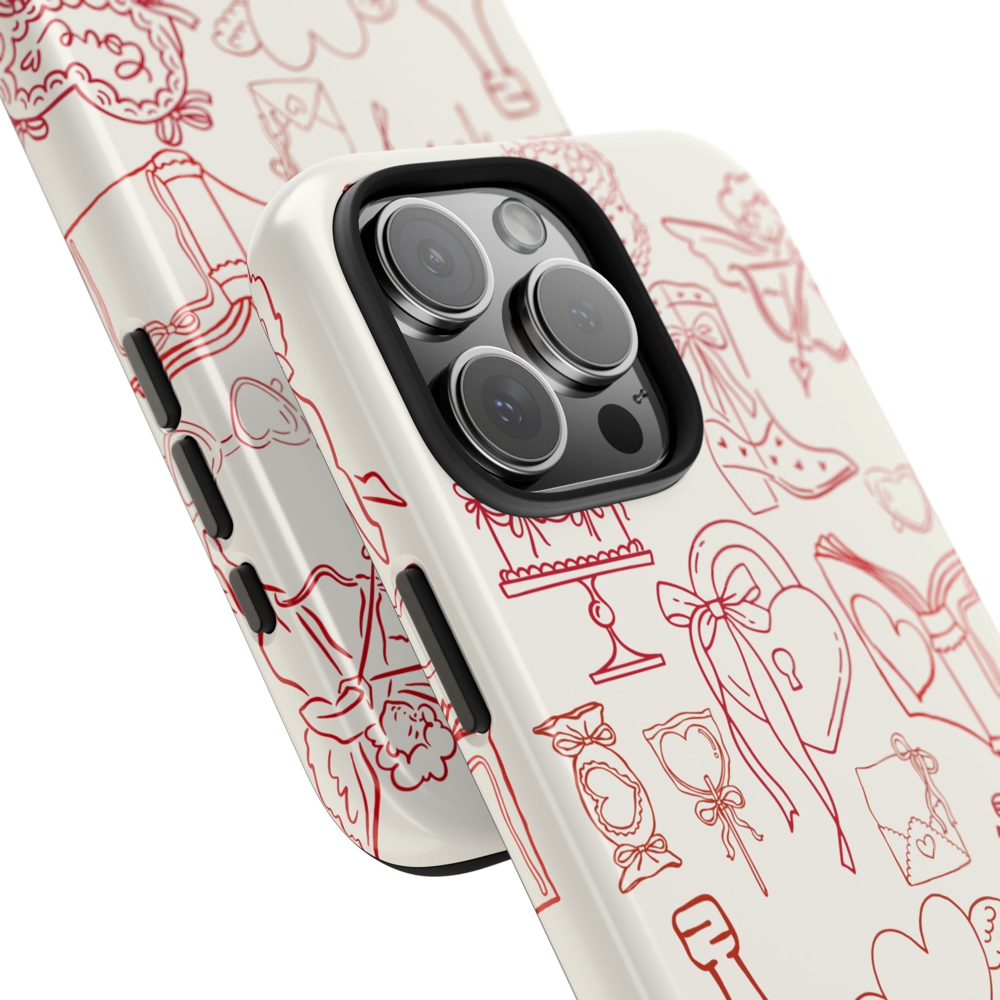 Phone case close-up: cream base with red heart-and-gift pattern around the camera cutout.