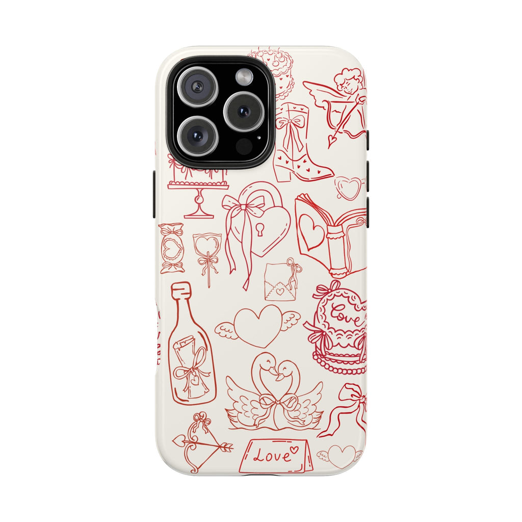 Cream smartphone case featuring red cupid, love hearts, bows, and gift icons all over.