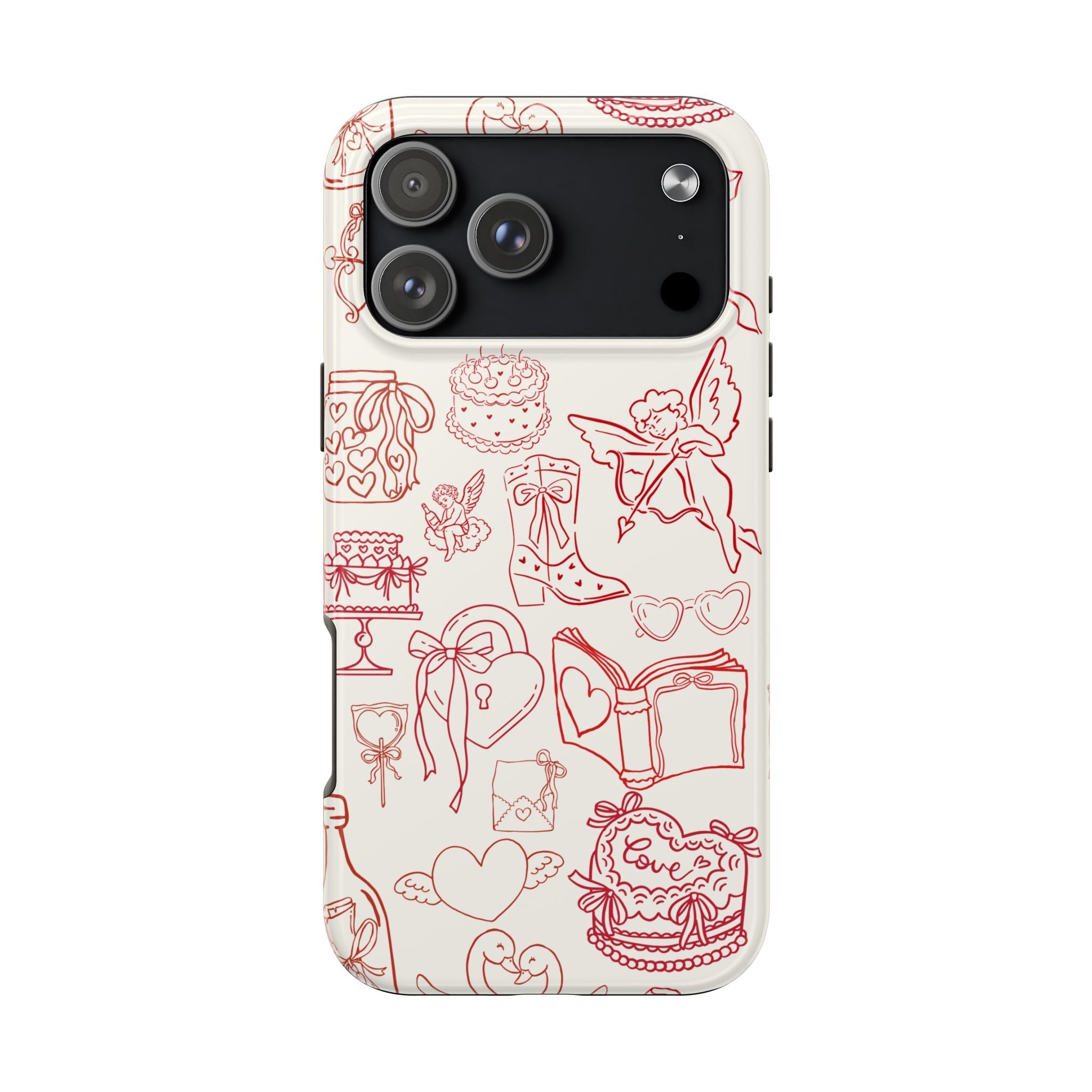 Cream phone case with red cupid, hearts, gifts, and cake line-art collage design.
