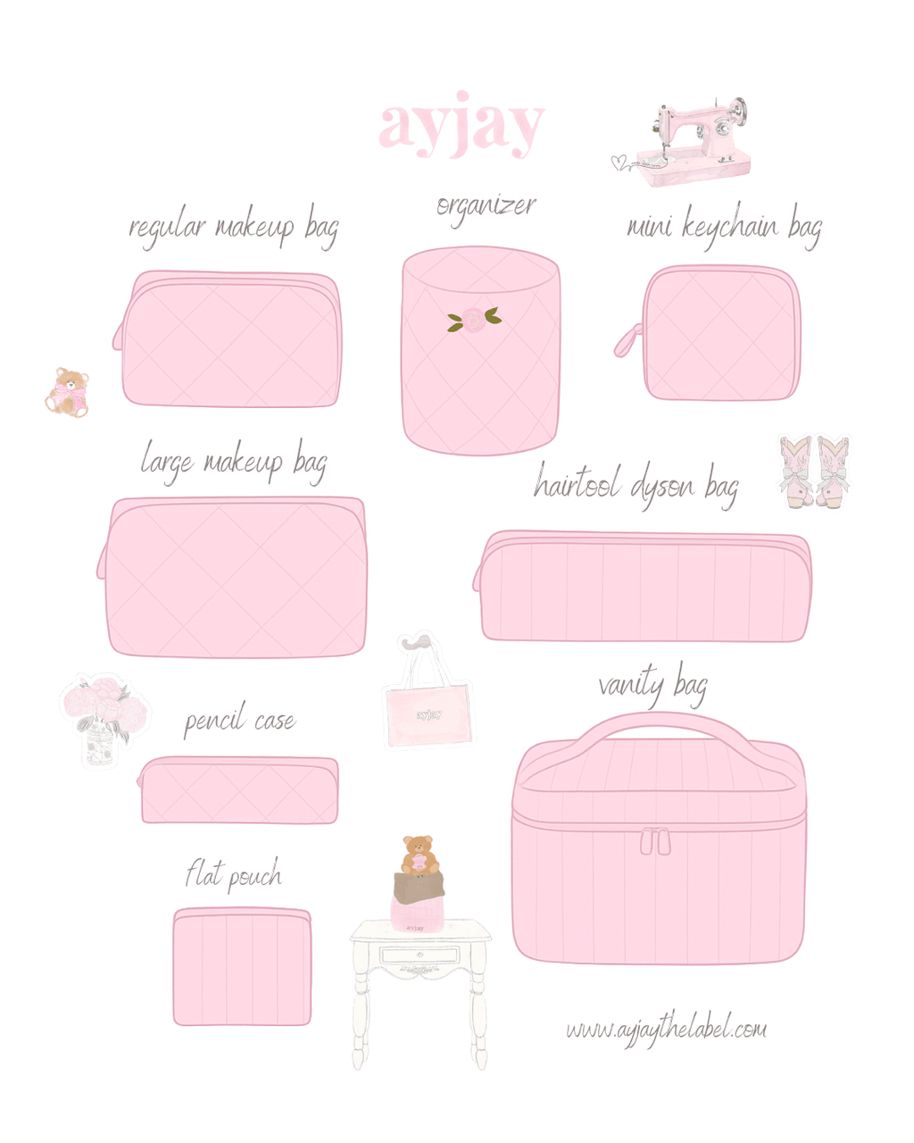 Pink custom bag styles chart: makeup bags, hair tool bag, pencil case, flat pouches