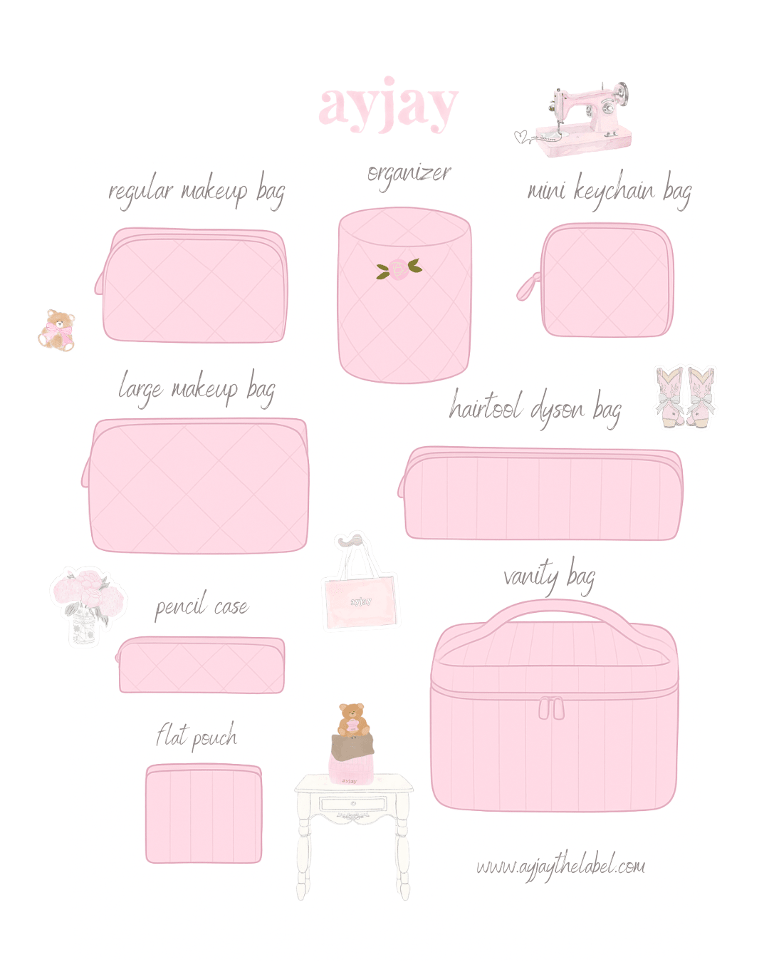 Pink custom bag styles chart: makeup bags, hair tool bag, pencil case, flat pouches