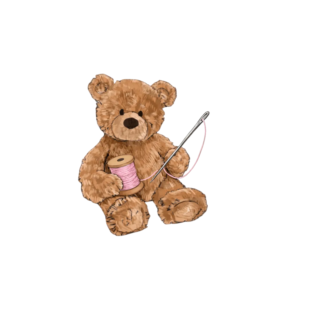 Bear-shaped custom bag with plush bear holding a pink spool and string