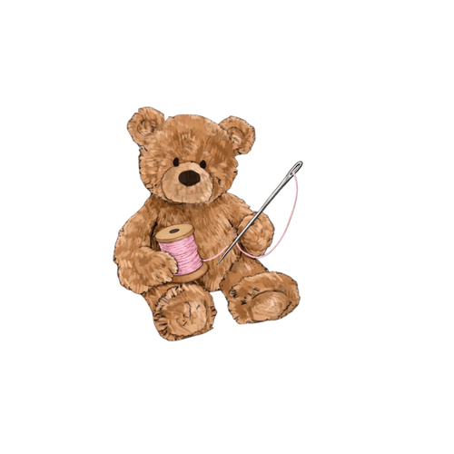 Bear-shaped custom bag with plush bear holding a pink spool and string