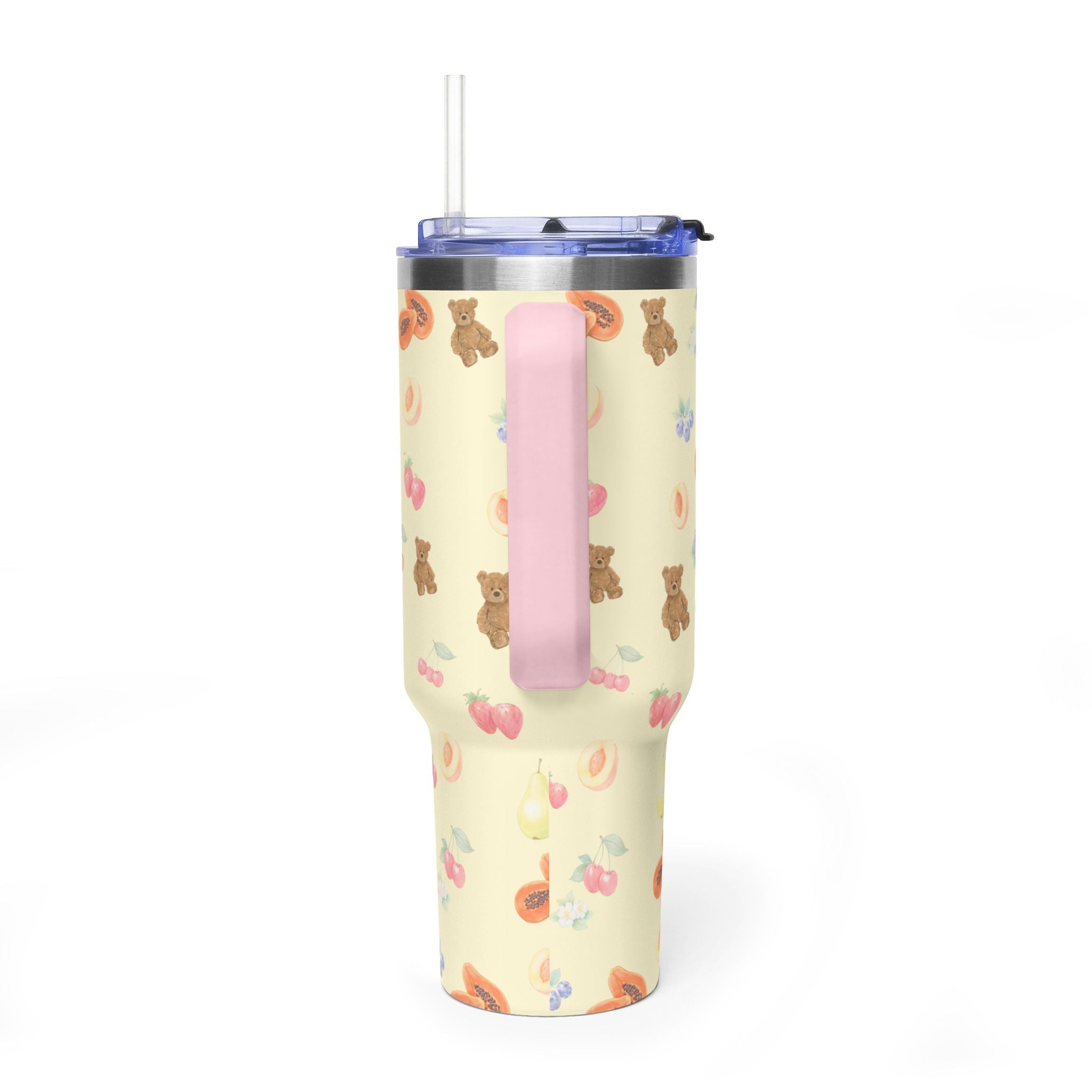 Berry bear 40oz tumbler with pink handle, clear straw lid, rectangular front window