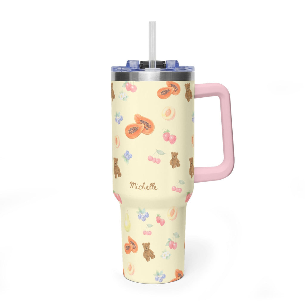 40oz tumbler, berry bear print, name Michelle, pink handle and straw lid