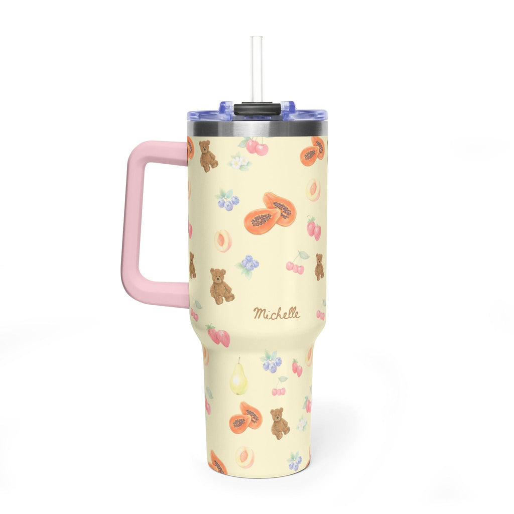 40oz stainless tumbler with berry bear pattern, name Michelle, pink carry handle