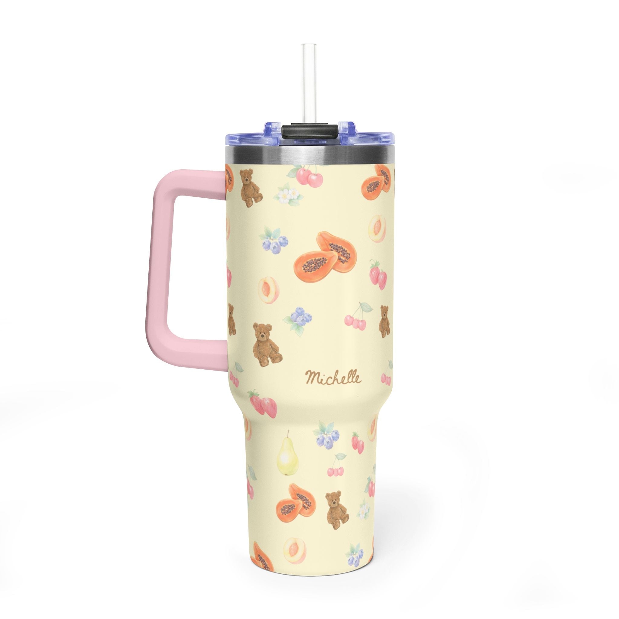 40oz stainless tumbler with berry bear pattern, name Michelle, pink carry handle