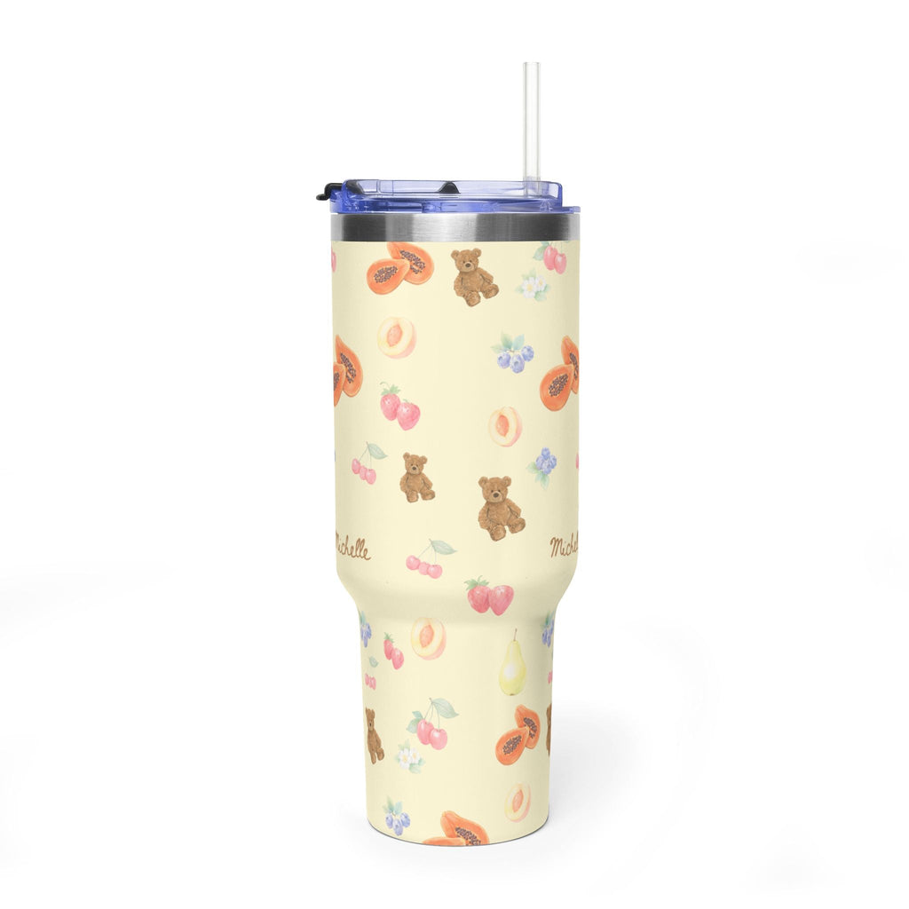 40oz tumbler with berry bear wrap design and Michelle text on the sides