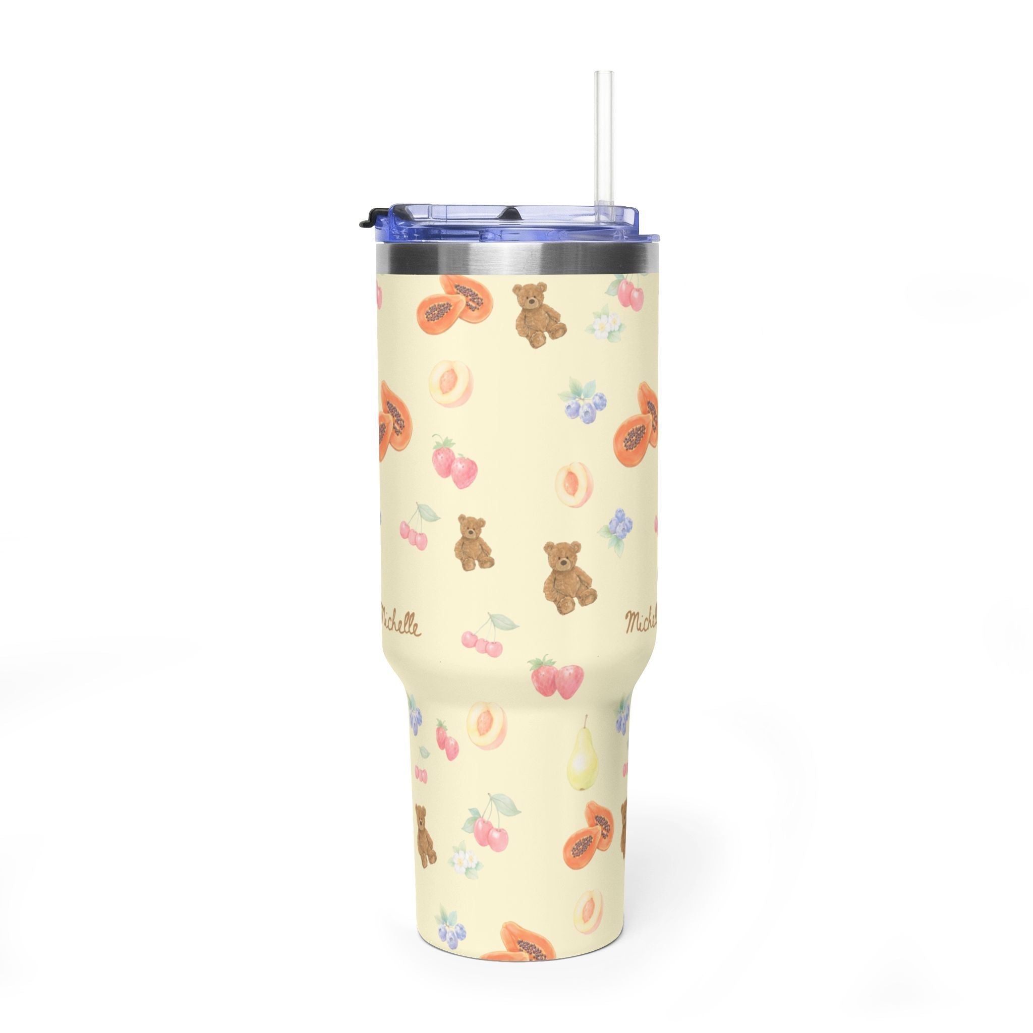 40oz tumbler with berry bear wrap design and Michelle text on the sides