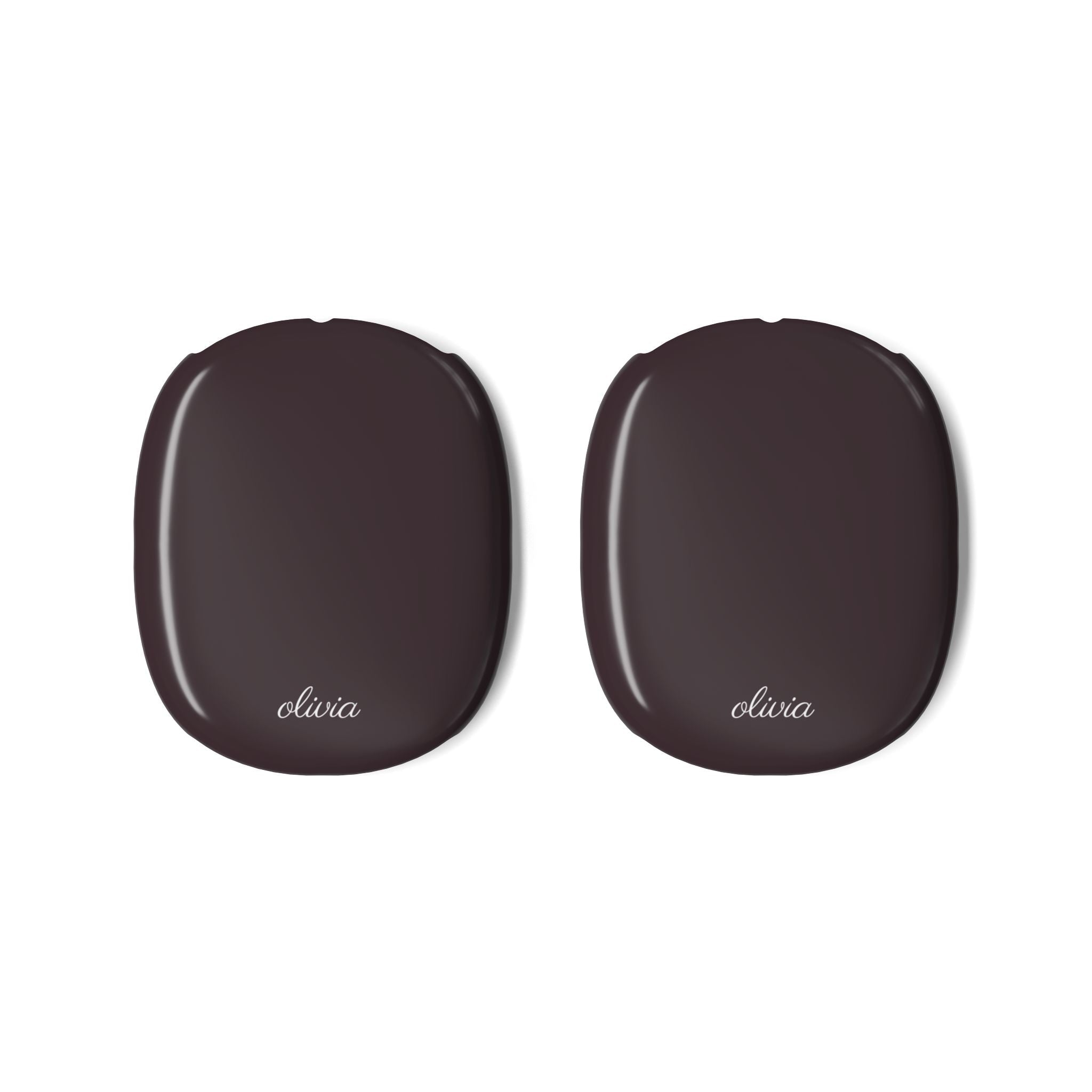 Pair of brown AirPods Max case covers, 'olivia' front text