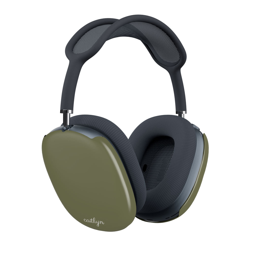 Olive green earcup covers on headphones with black headband and ear cushions