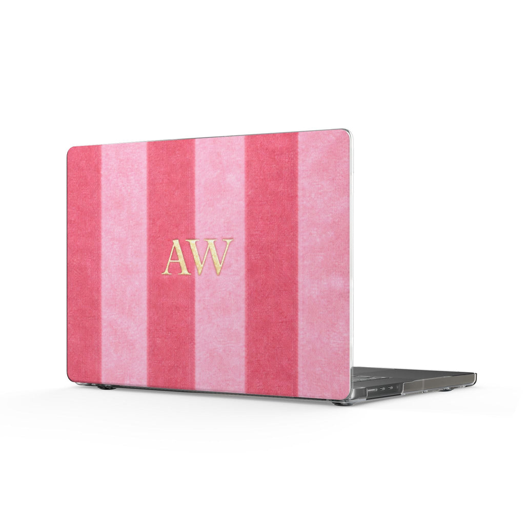 Pink striped velvet MacBook hard shell cover with gold 'AW' monogram