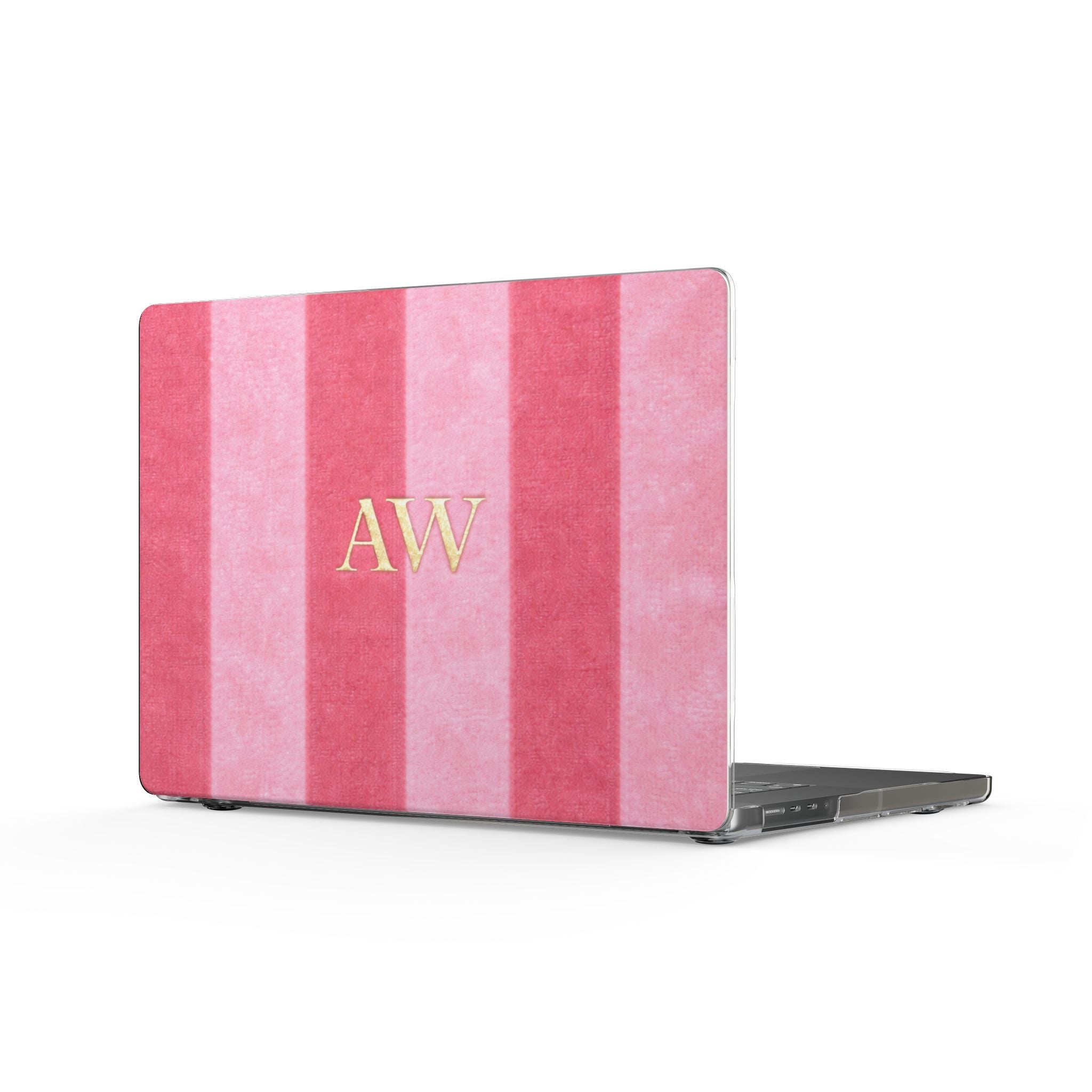 Pink striped velvet MacBook hard shell cover with gold 'AW' monogram