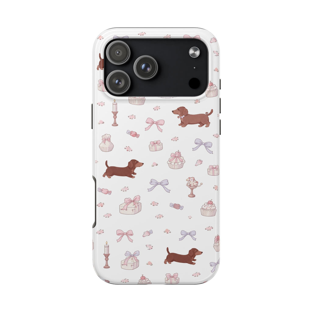White phone case back with dachshund and pink bow pattern, camera cutouts visible