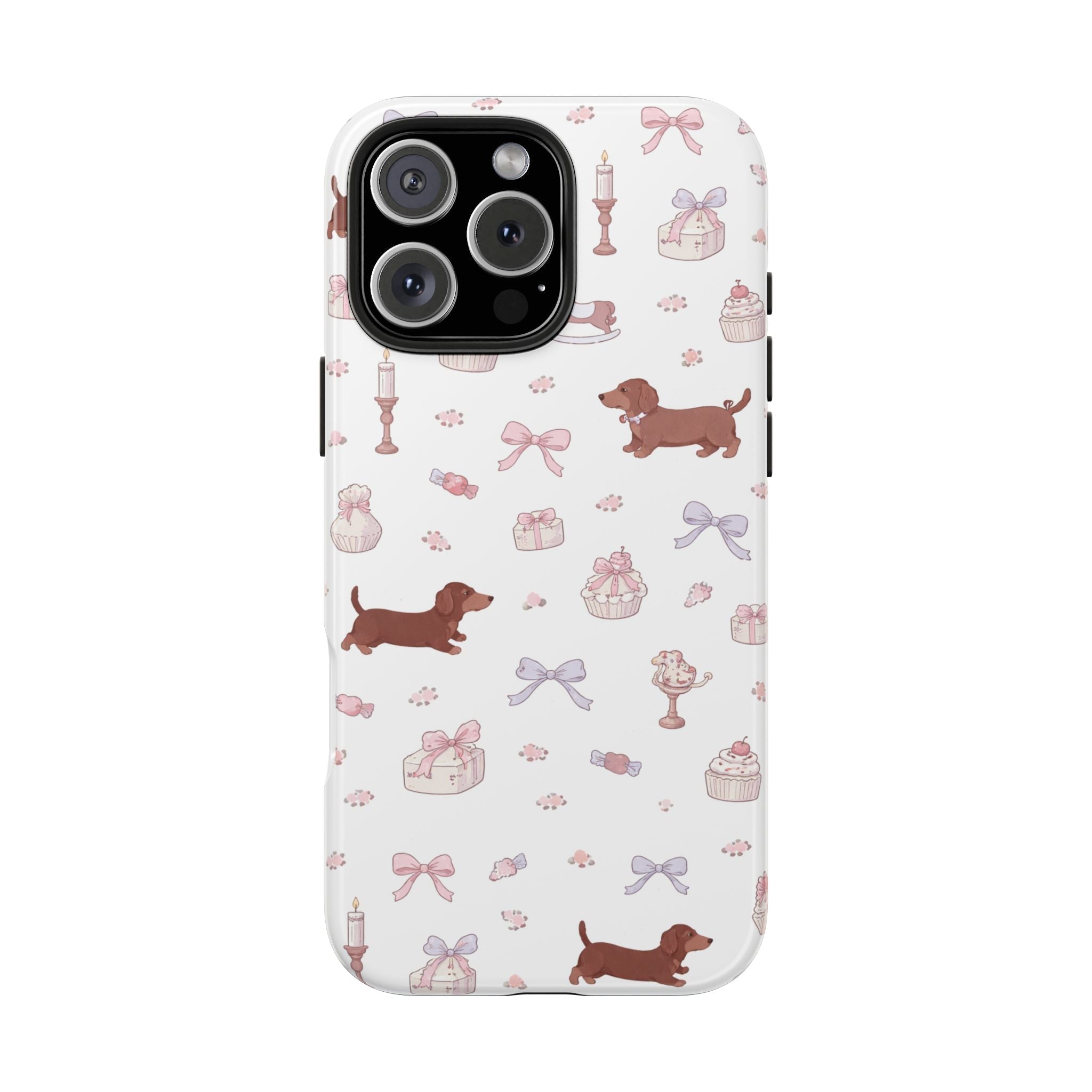 White phone case with brown dachshund, pink bows, cupcakes and wrapped gift pattern