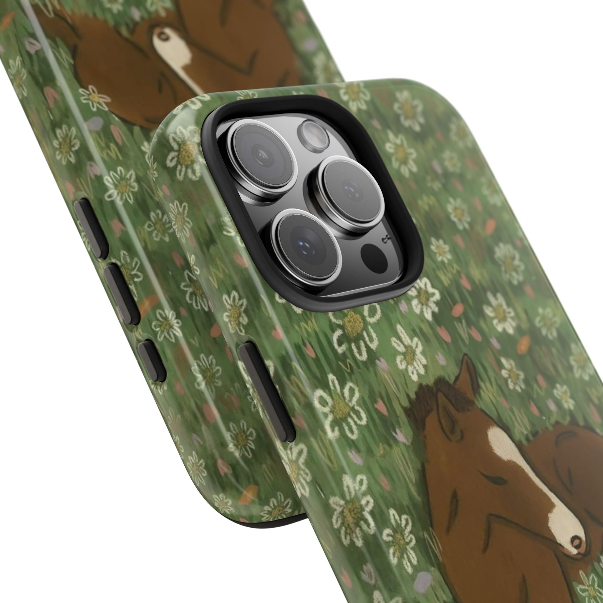 Angled green phone case, horse-and-daisy print with side buttons and lens openings