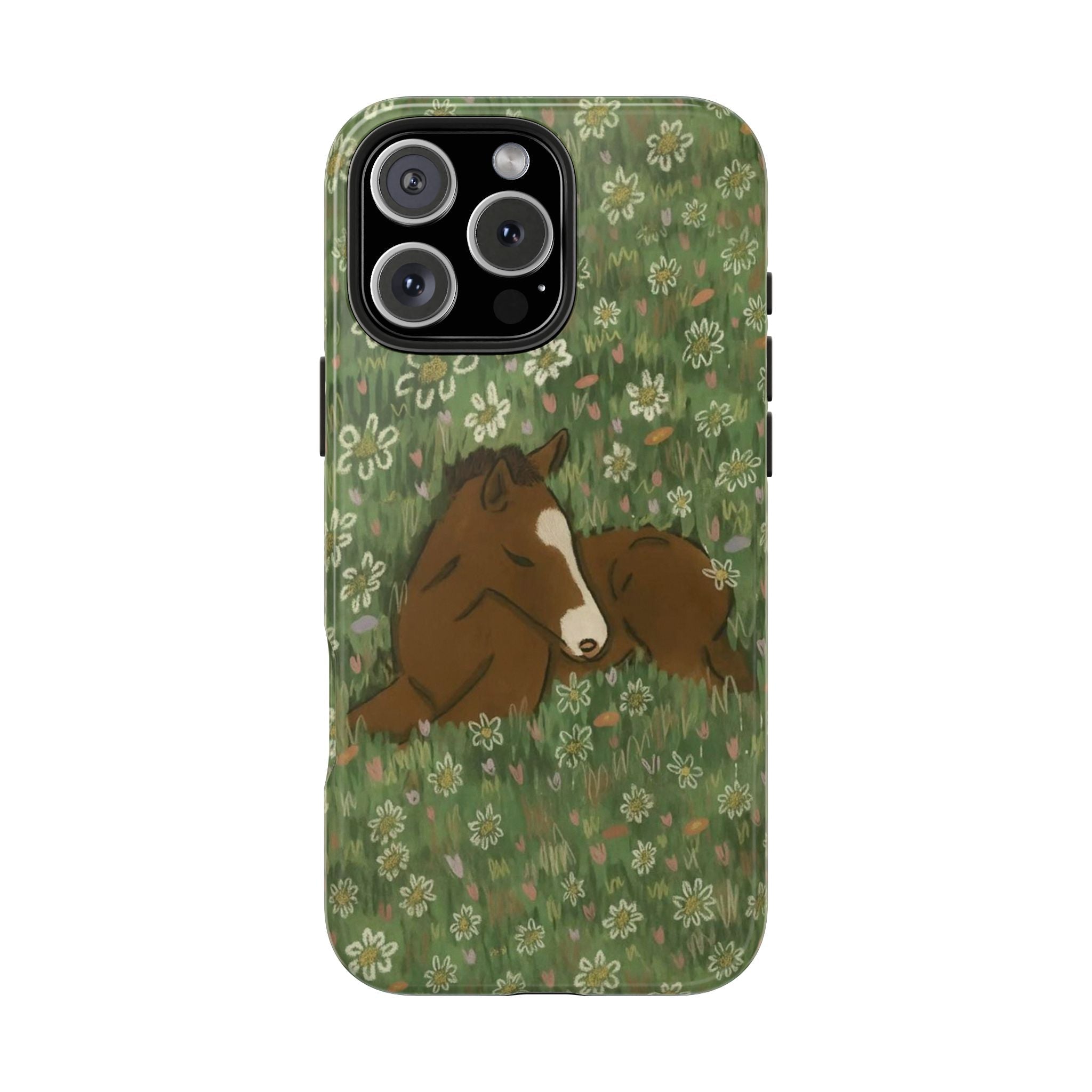Green horse-and-daisy phone case with camera cutouts and raised lens cover