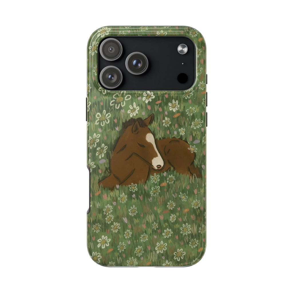 Green phone case with horse in field and white daisy floral pattern
