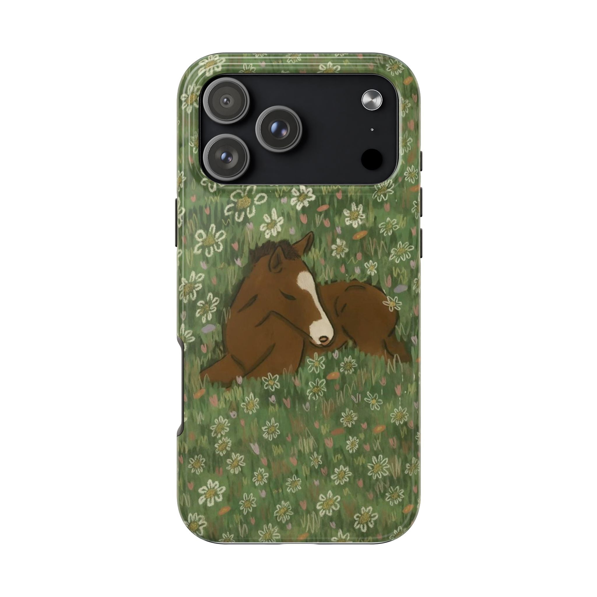Green phone case with horse in field and white daisy floral pattern