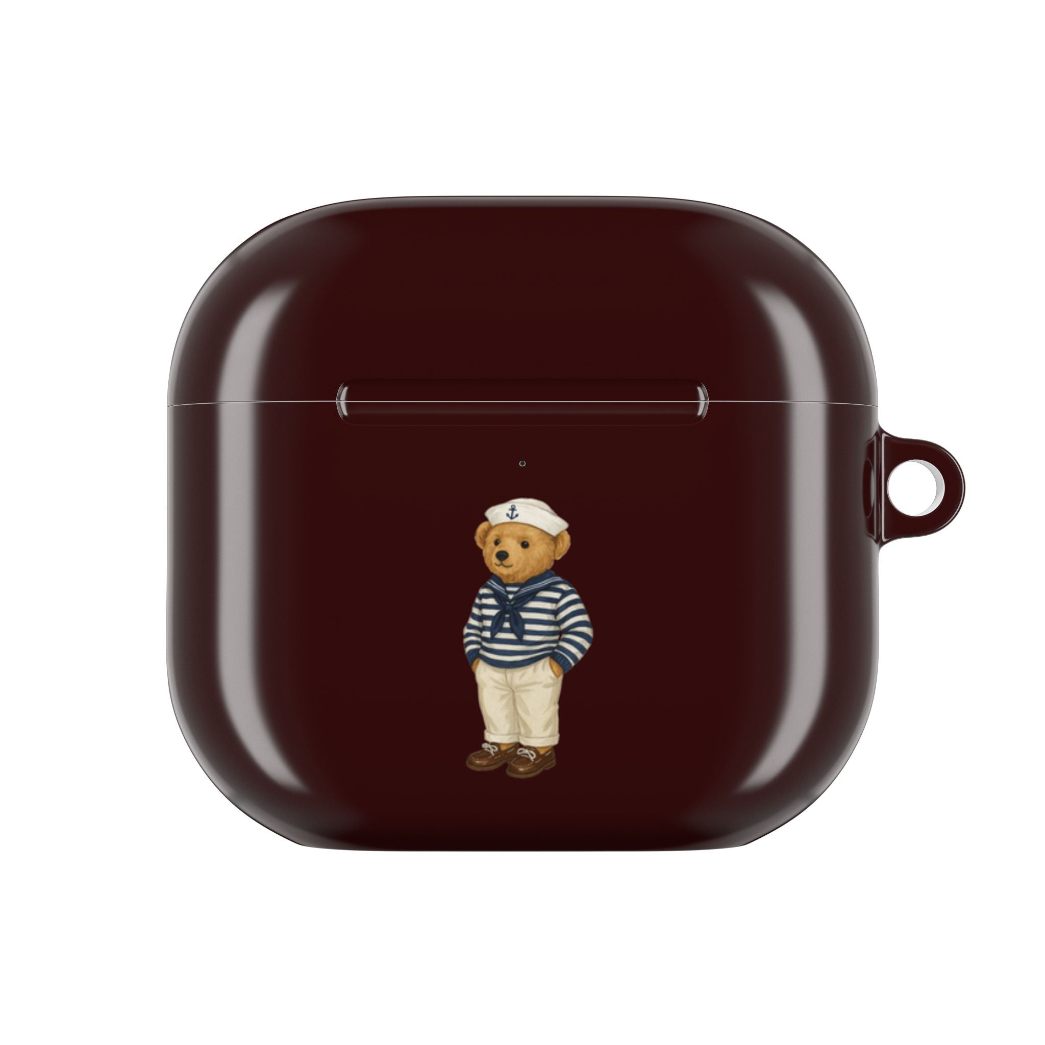 Dark burgundy AirPods case with centered sailor teddy bear charm, front view