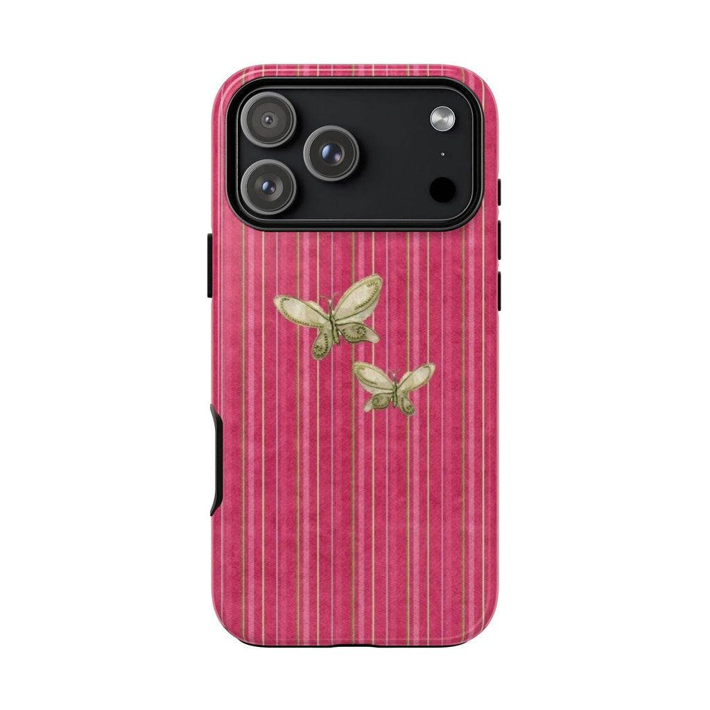 Dark pink striped phone case with butterfly design and large camera window