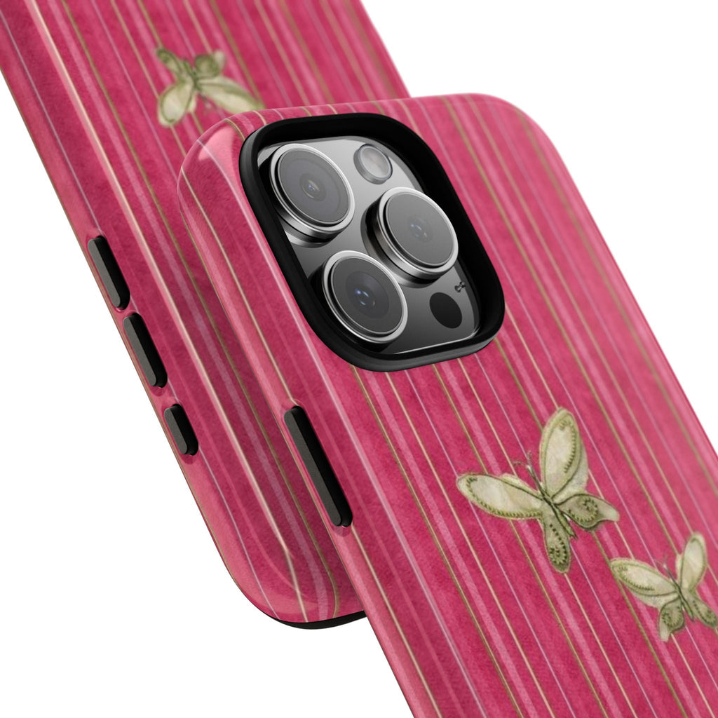 Dark pink striped case with butterfly art, side button and camera lenses visible
