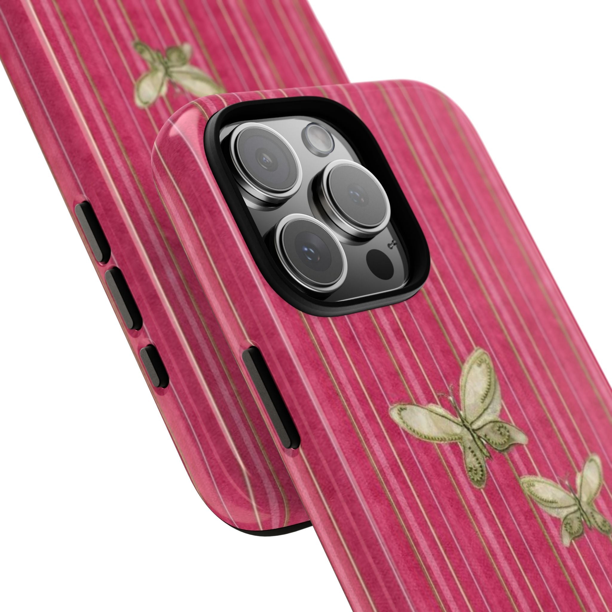 Dark pink striped case with butterfly art, side button and camera lenses visible