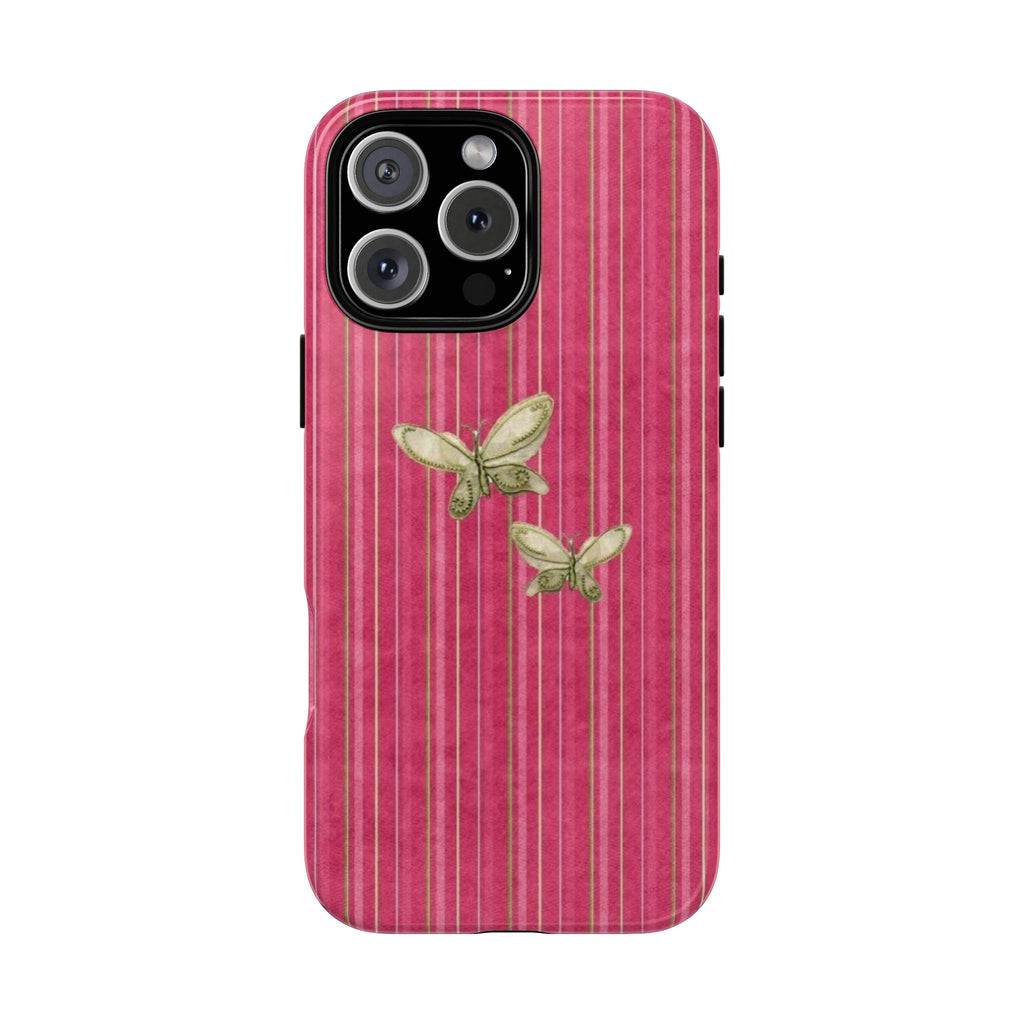 Dark pink striped phone case with butterfly graphic, camera cutout