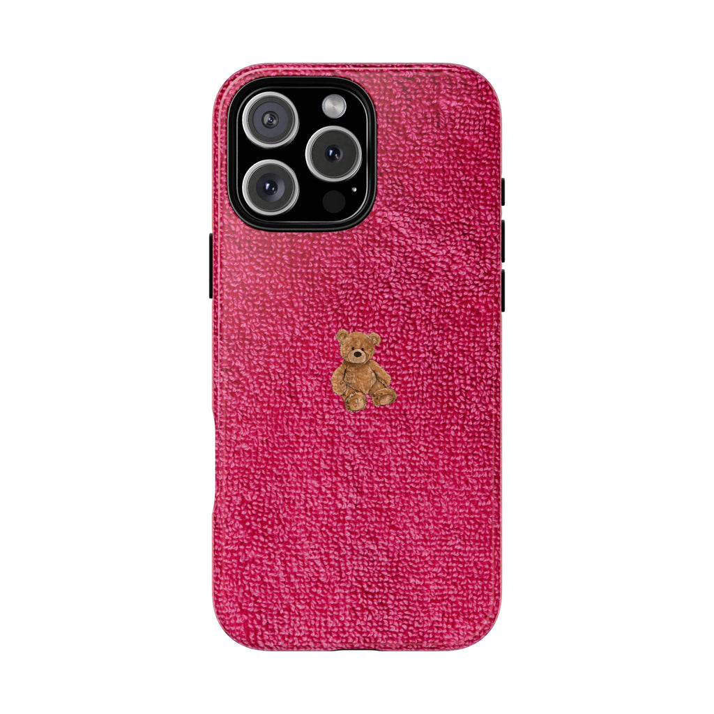 Dark pink terrycloth phone case with mini teddy bear patch, camera cutout