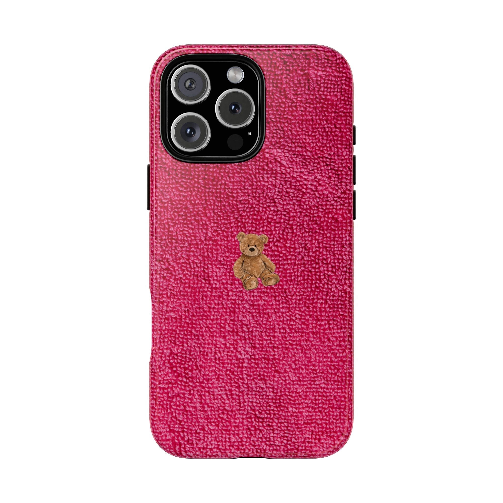Dark pink terrycloth phone case with mini teddy bear patch, camera cutout
