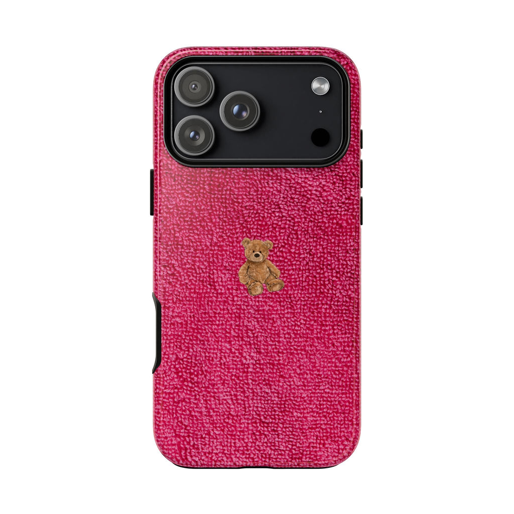Dark pink terrycloth mini teddy bear phone case with camera window and side openings