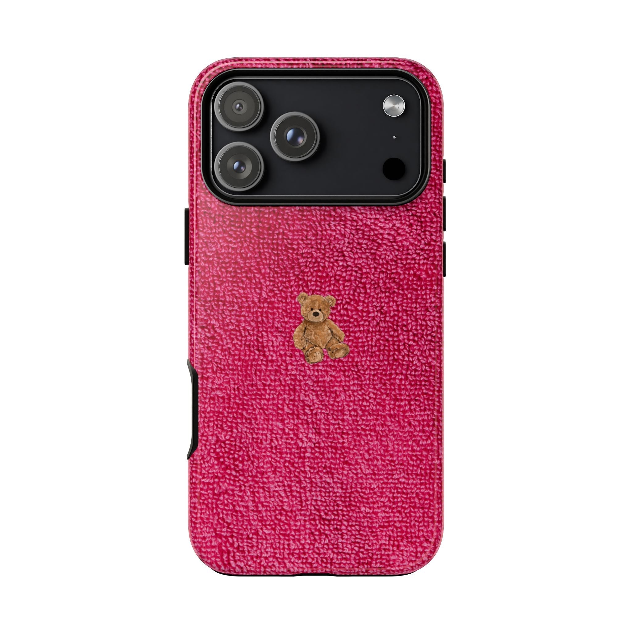 Dark pink terrycloth mini teddy bear phone case with camera window and side openings