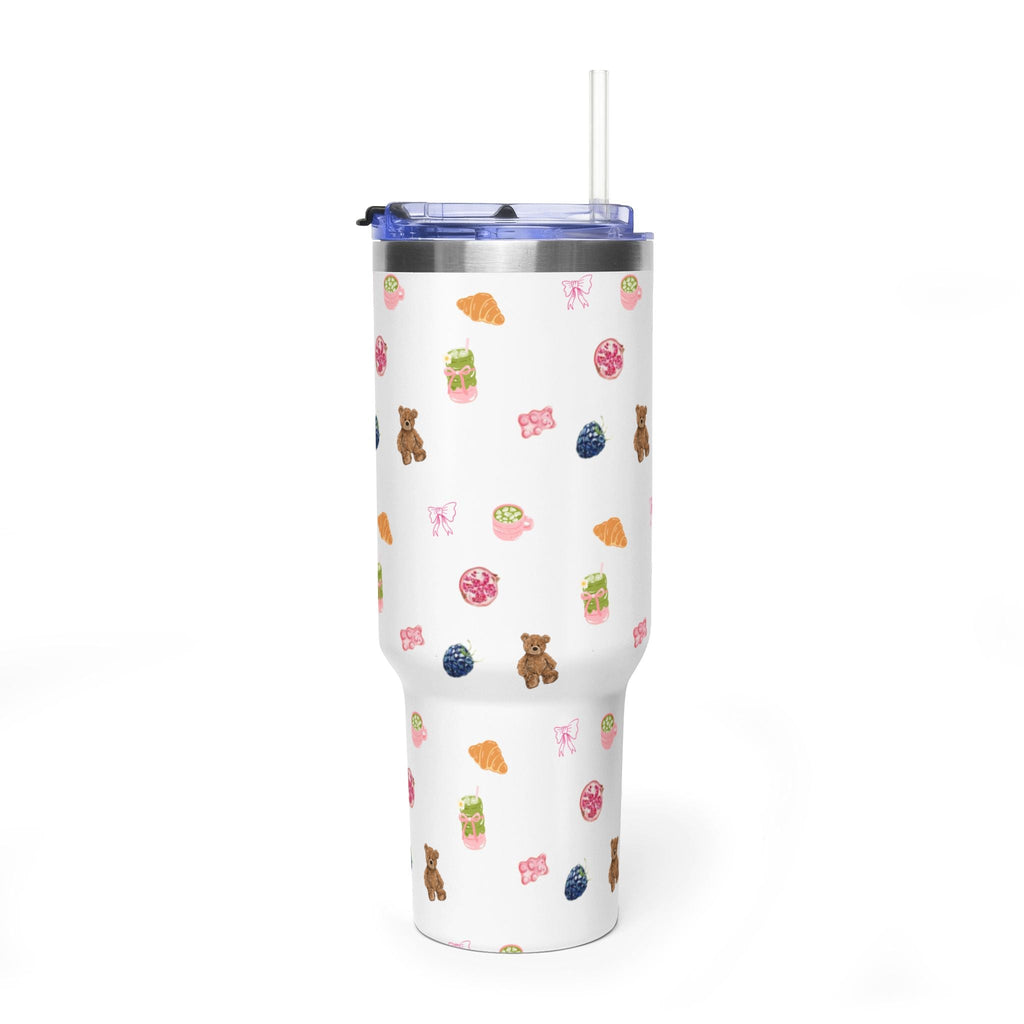 40oz stainless tumbler with straw lid, white body with scattered bears, pizza, and snacks pattern