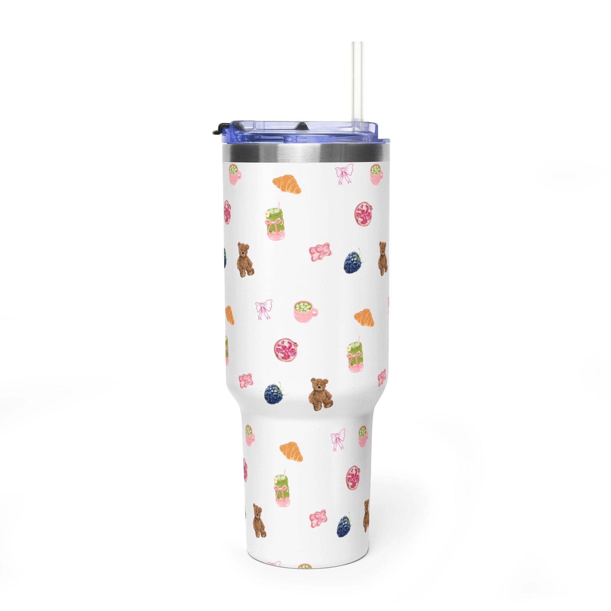 40oz stainless tumbler with straw lid, white body with scattered bears, pizza, and snacks pattern