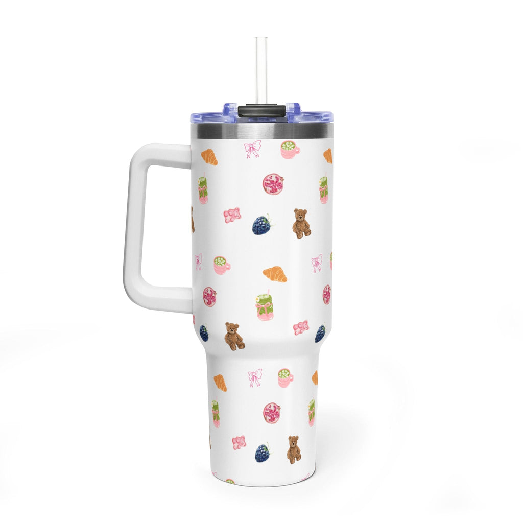 40oz tumbler with handle and straw lid, white with colorful food, drink, and bear graphics