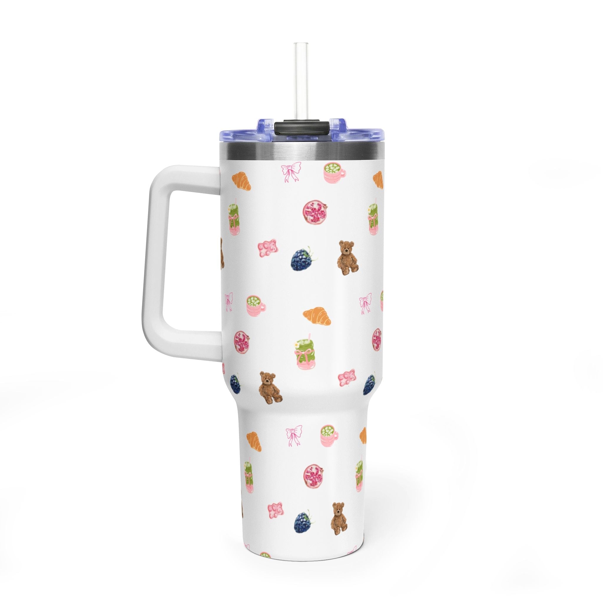 40oz tumbler with handle and straw lid, white with colorful food, drink, and bear graphics