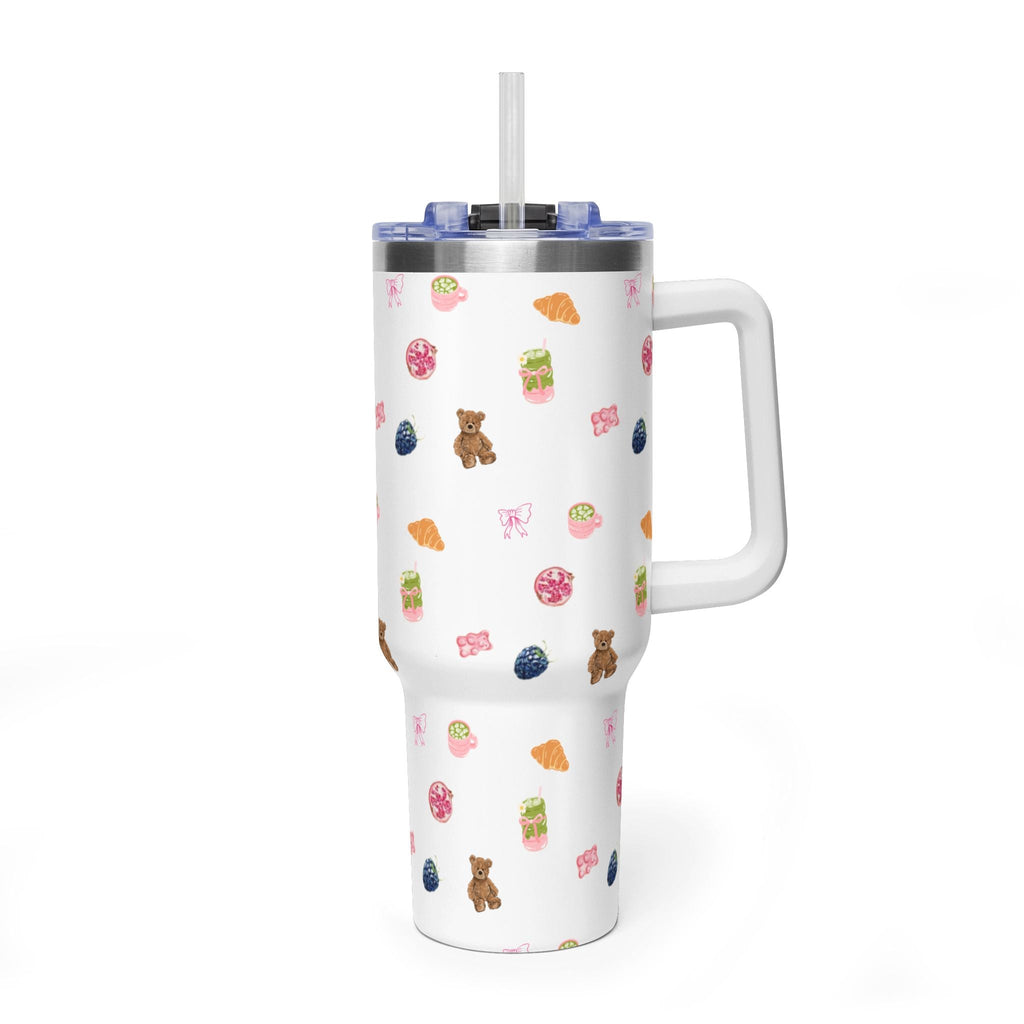 40oz stainless steel tumbler with straw lid, white with colorful snack and bear pattern, handle