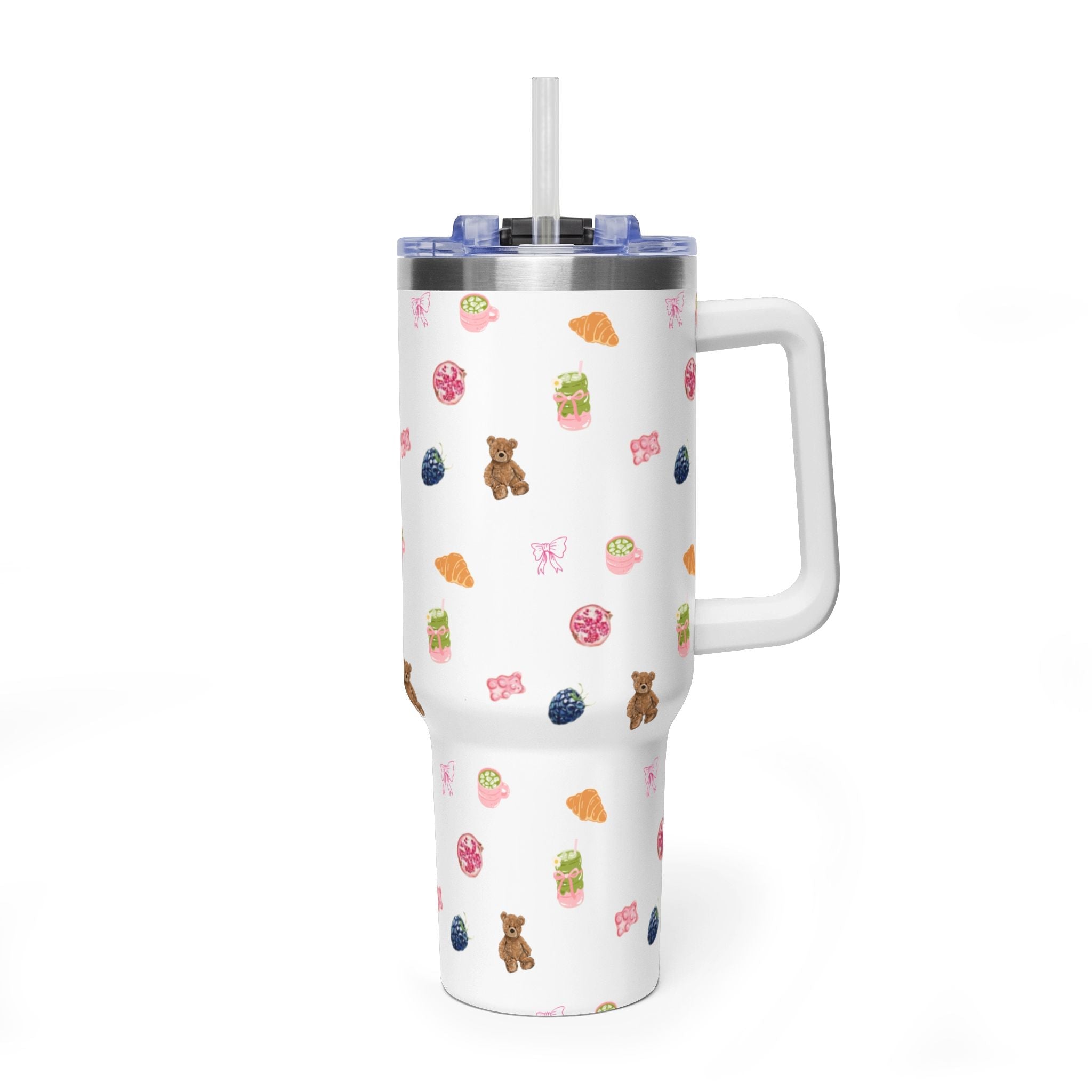 40oz stainless steel tumbler with straw lid, white with colorful snack and bear pattern, handle