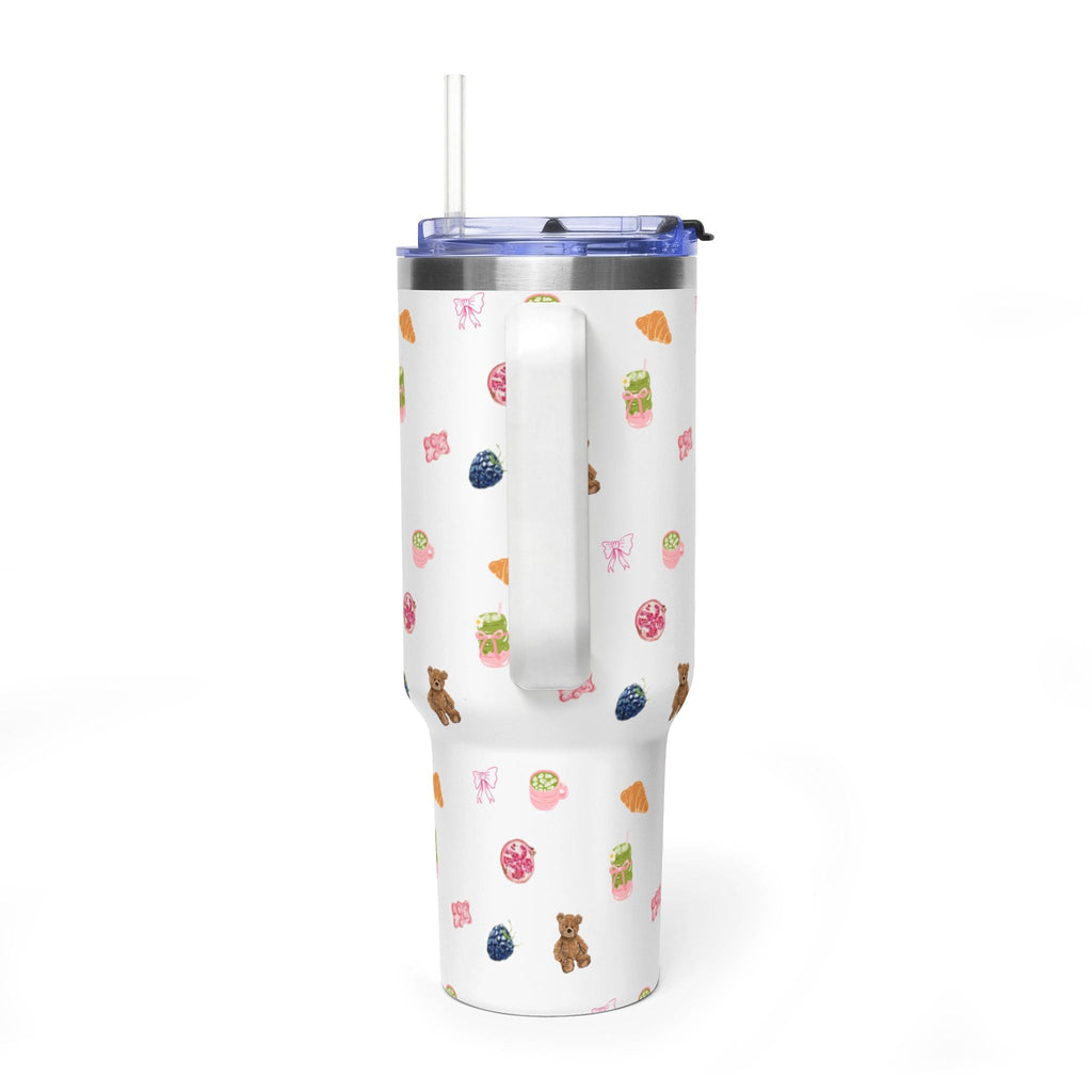40oz tumbler with straw lid, stainless steel interior visible, white with cute food and bear print
